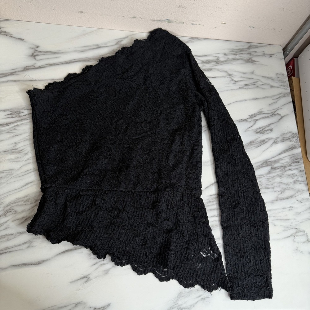 Express Black Lace One Shoulder Top SZ M Asymmetric Whimsigoth Fairy Dark Y2K